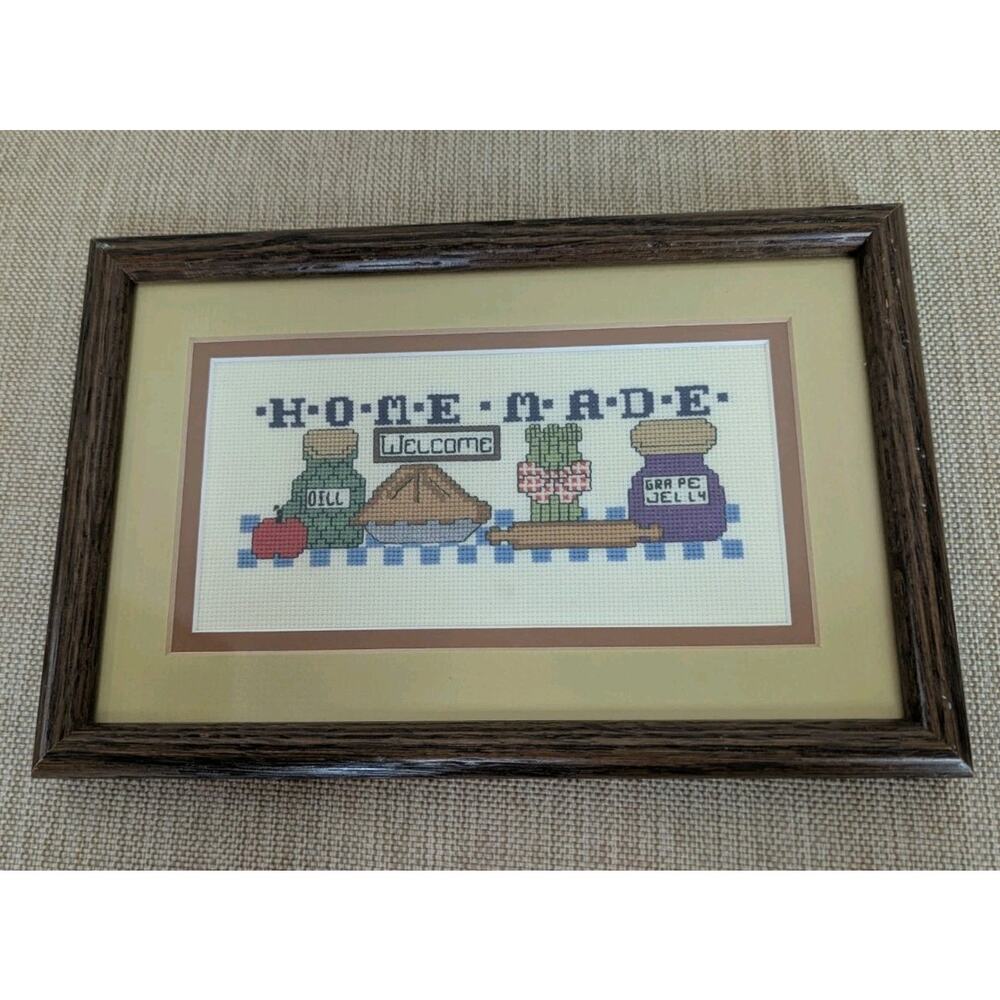 Vintage Handmade Finished Cross Stitch in Frame "Homemade" Kitchen Theme 7.5x10"